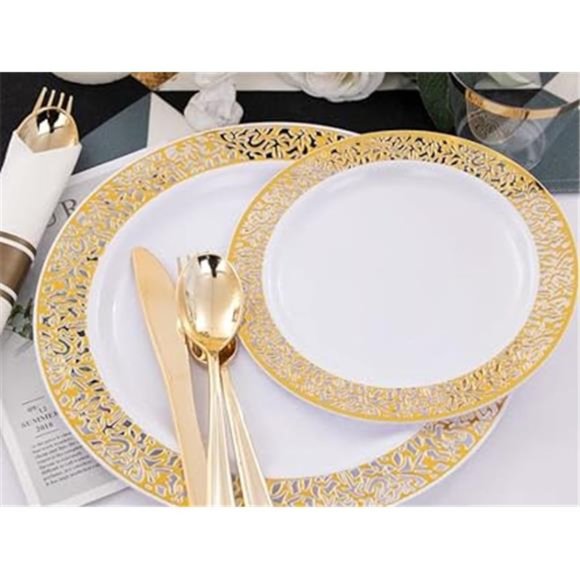 350 Pieces Gold Plastic Dinnerware,Disposable Gold Lace Plates - Picture 6 of 7